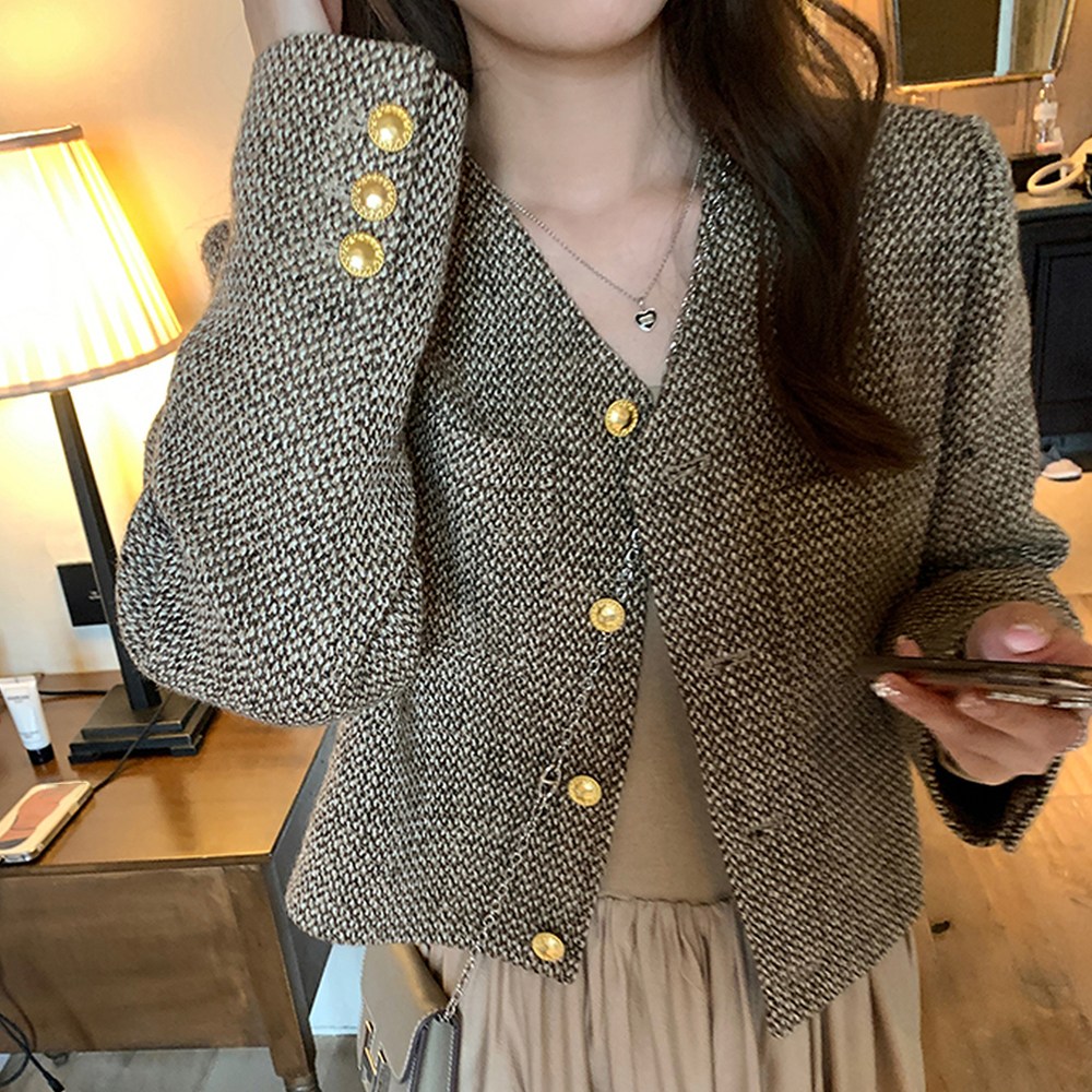 슈퍼인 여성 고급 체크 노카라 트위드 크롭 자켓 하객룩 28,900원