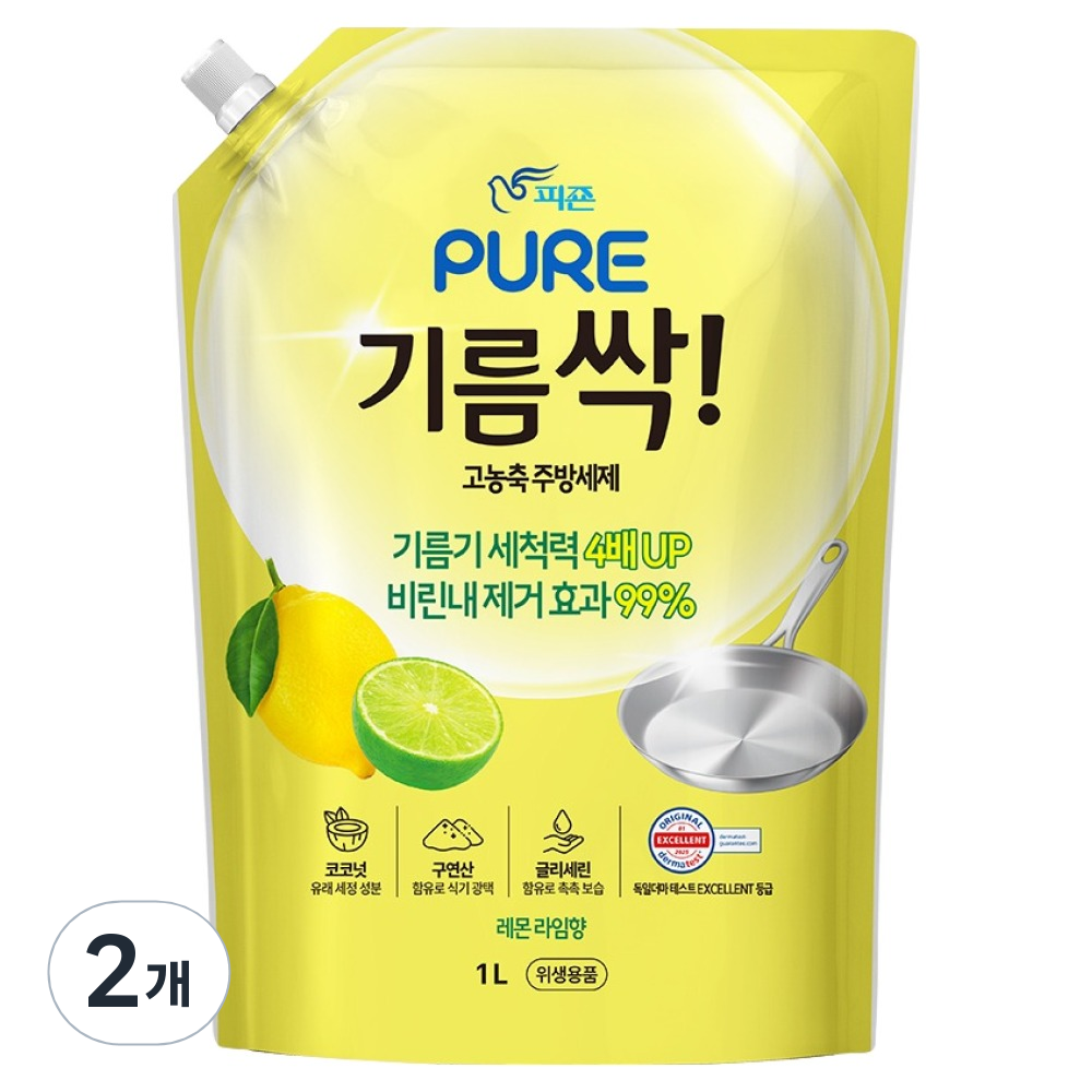 피죤퓨어 기름싹 주방세제 레몬라임향, 1L, 2개 9,800원