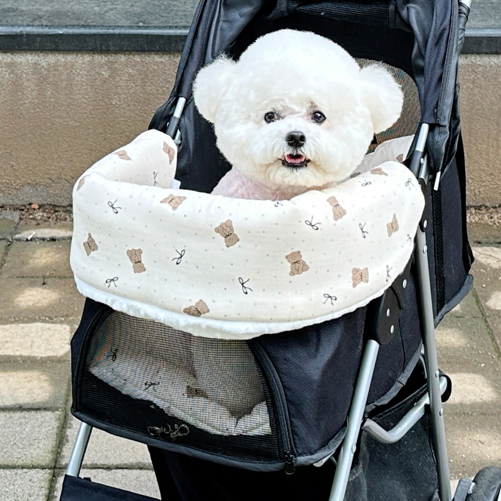 호나미네 핸드메이드 강아지 고양이 리본베어 유모차시트 범퍼가드 방석 세트, 1개, 아이보리 35,000원