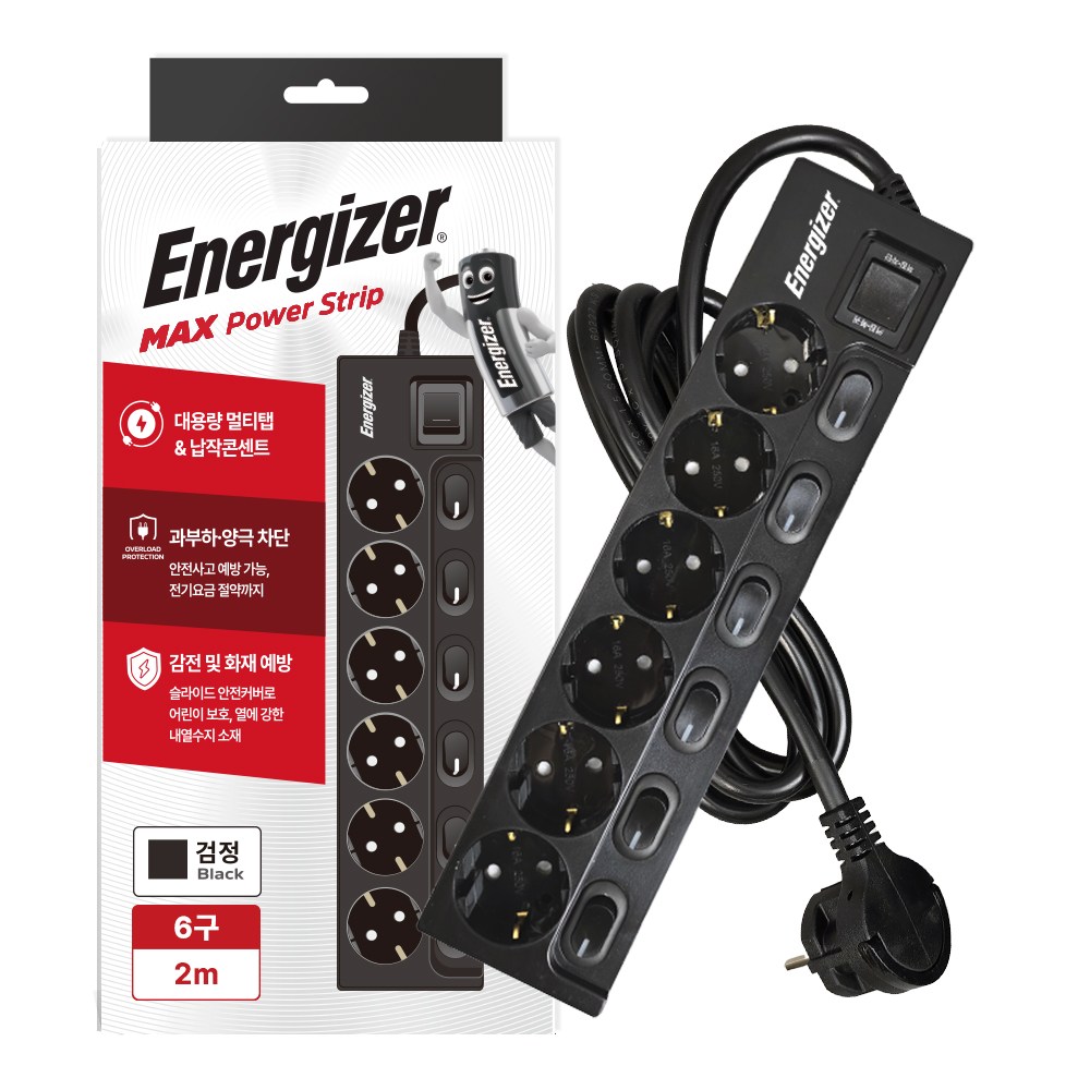 에너자이저 개별스위치 멀티탭 6구 납작플러그 과부하차단 16A, 1개, 블랙(개별스위치 6구), 2m 33,300원