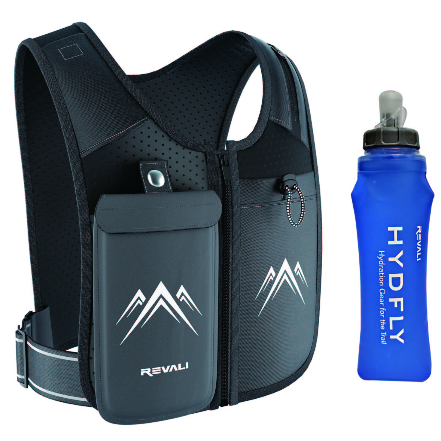 REVALI 지퍼 반사 러닝 조끼 (수분 보충용 병 포함), 조절 가능한 허리 밴드 및 통기성 소재, 가슴용 기어 휴대폰 홀더 (남녀 공용) 79,800원