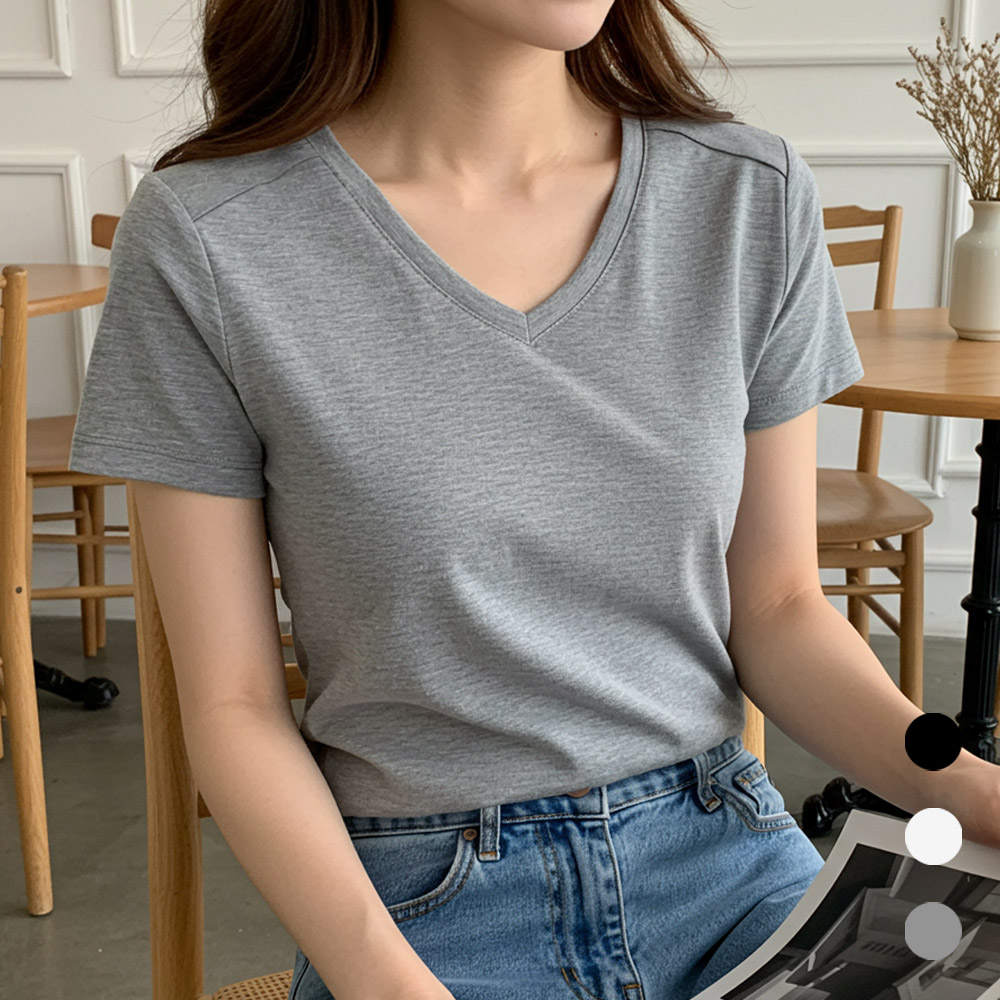 엠제이스타 브이넥 반팔티 절개 여성 여자 스판 무지 반팔 티셔츠 T-31-1 11,900원