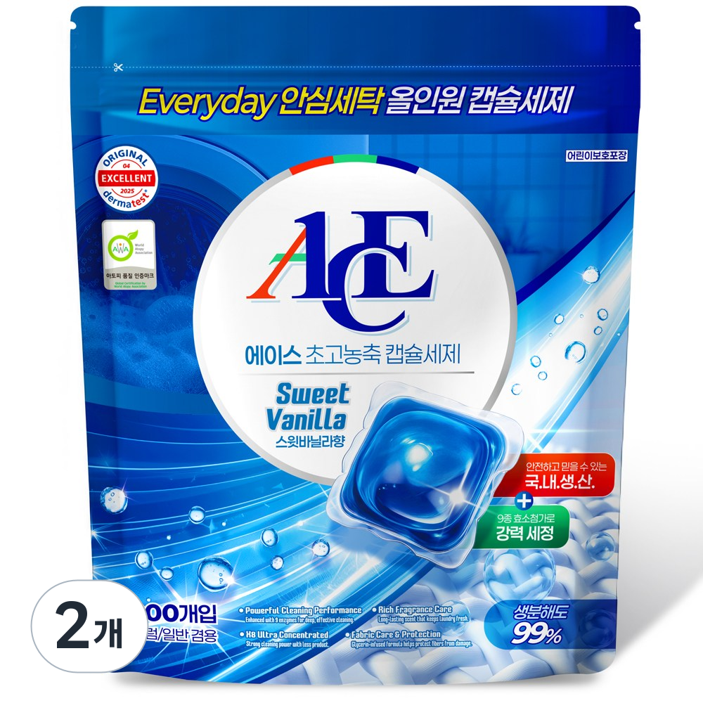 캡슐세제 에이스 코튼바닐라 세탁세제 대용량 일반용 드럼용, 2개, 200개입 19,000원