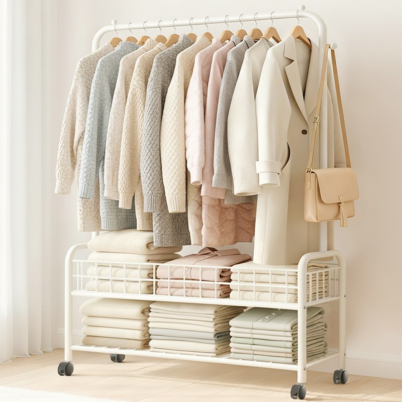 FODOSS 2단 업그레이드 대용량 튼튼한 이동식 가정용 행거 바퀴 달린 이동식행거, 크림색 27,600원