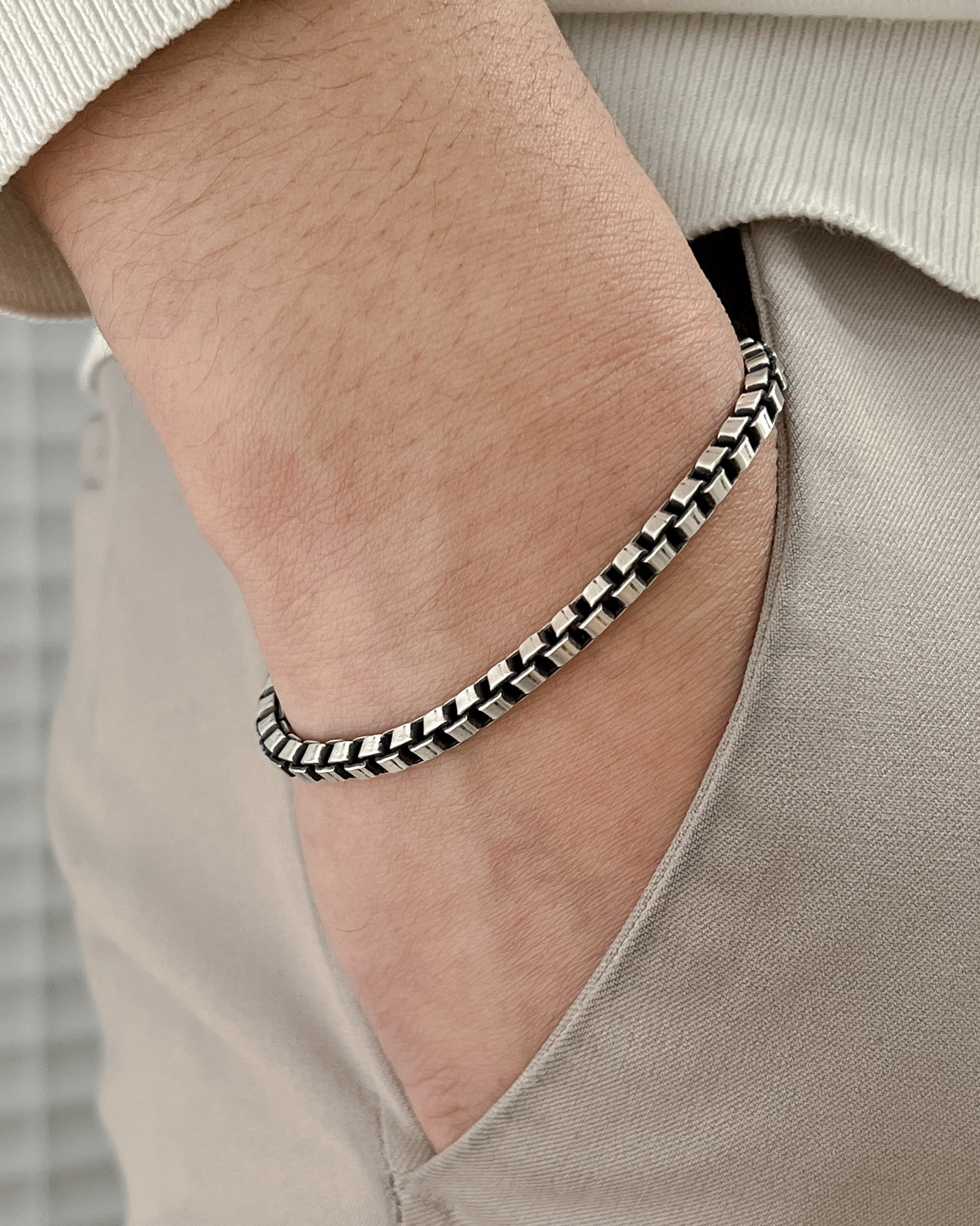 모두디자이너 실버925 클래식 볼드 4mm 사각 박스 체인 남자 여자 팔찌 H 176,100원