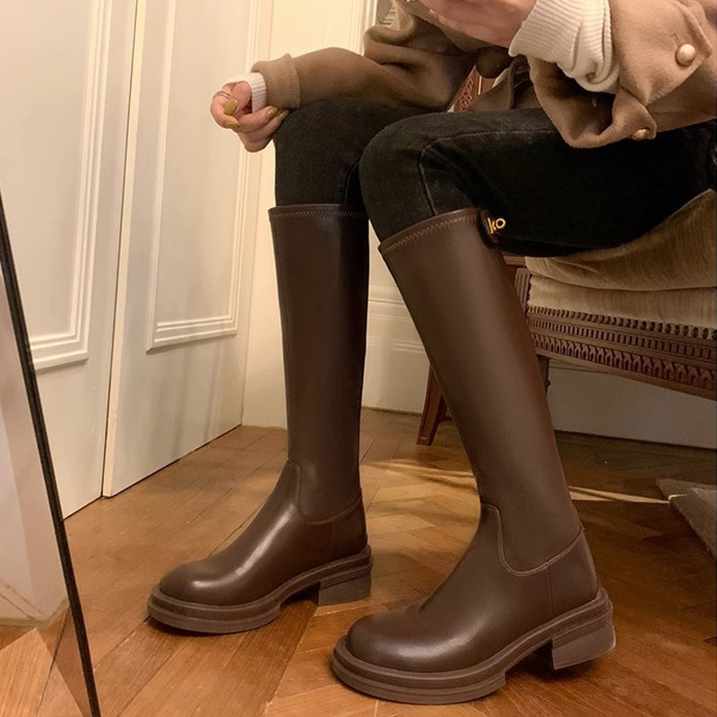 HA.M 여성 첼시 롱부츠 통굽 발편한 심플 라운드 뒤지퍼 슬림핏 베이직 가죽 롱 부츠 4.5cm 66,800원