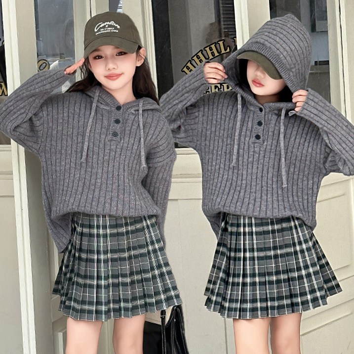 빠빠야네 키즈 주니어 여아 스쿨그레이후드 니트스웨터 체크치마 상하세트 가을겨울 23,400원