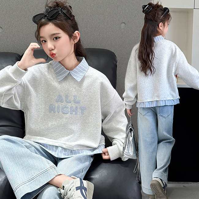 비비키드 주니어 상의 초등생 하의 세트 신상 ALL RIGHT 스트라이프 레이어드 여아 봄 가을 세트 초중생 긴팔 데님 긴바지 초등생 상하세트 (C2556) 41,800원