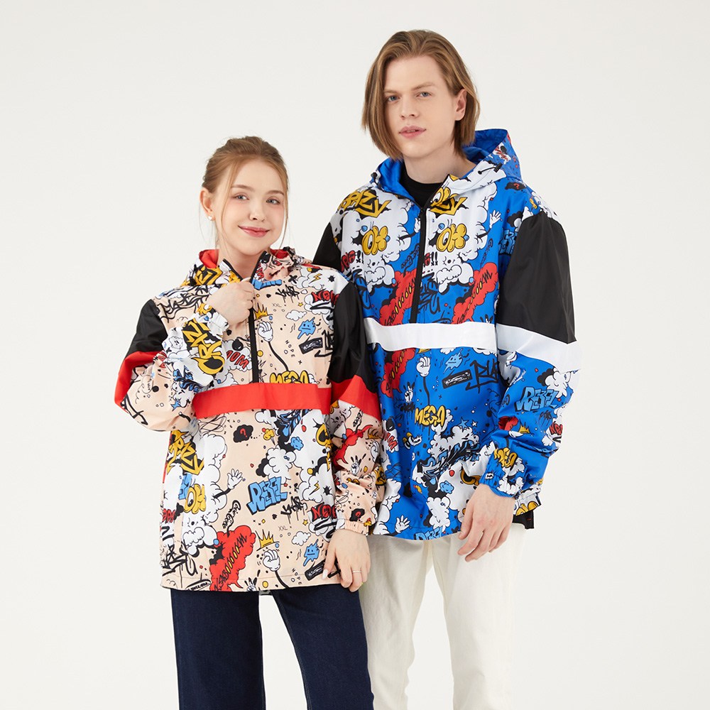 무니크영 남녀공용 올오버 프린트 아노락 후드 방수 자켓 남자 여자 오버핏 빅사이즈 메쉬안감 바람막이 점퍼 애니메이션 S51051 42,400원