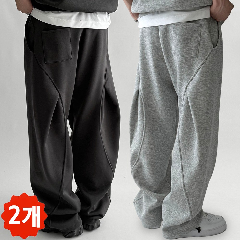 2장묶음 빠델 백 커브 절개 핀턱 벌룬 와이드 트레이닝 스웻 커브드 팬츠 회색 트레이닝팬츠 36,900원