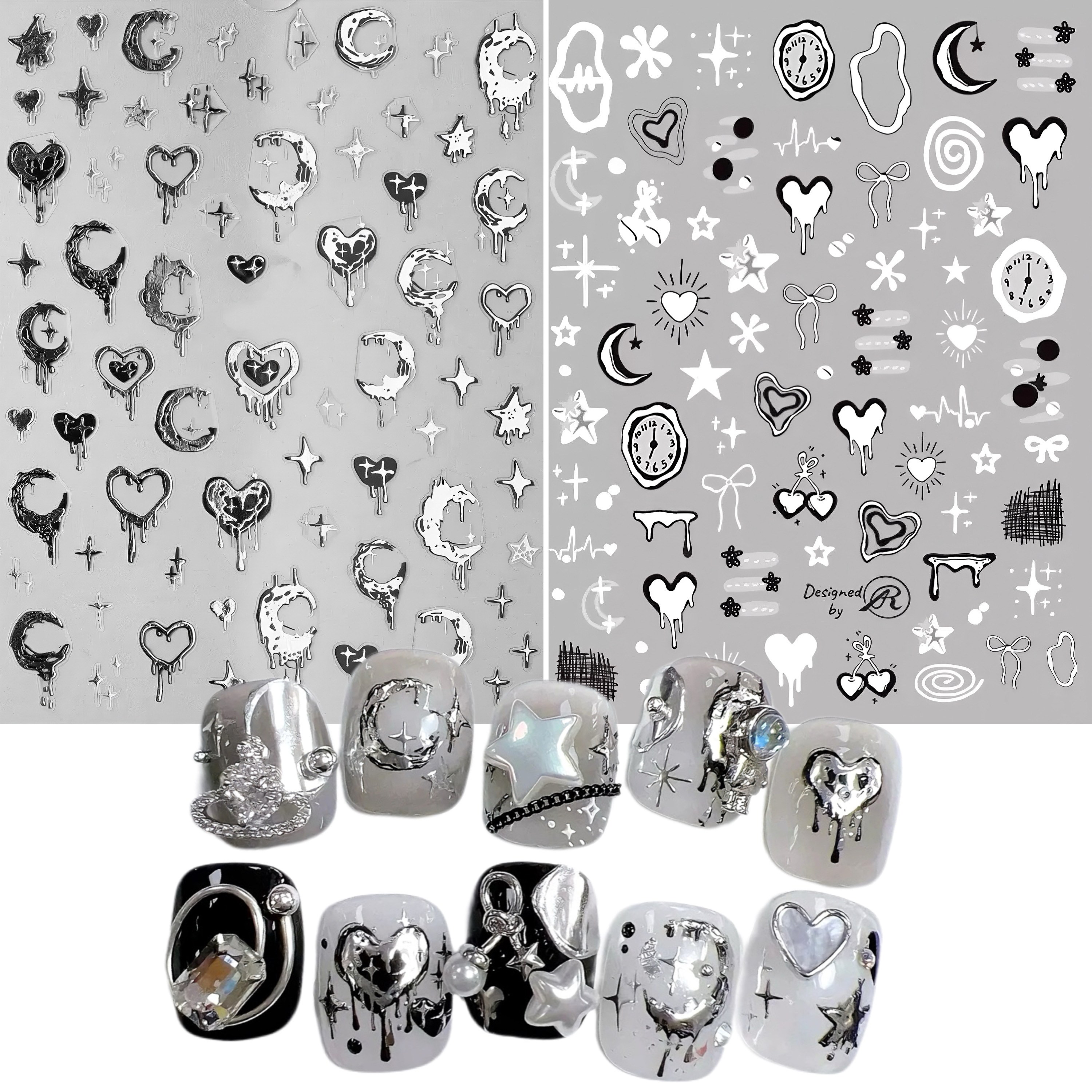 별라 힙한 엠보 입체 네일 스티커실버 예쁜 하트 별 리본 2종 세트, 2개, A형 8,500원