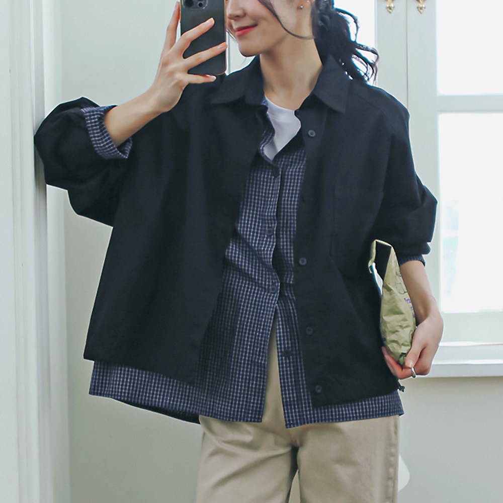 로로텐 체크 레이어드 배색 카라 셔츠 면 밑단스트링 여성 빅사이즈 38,200원