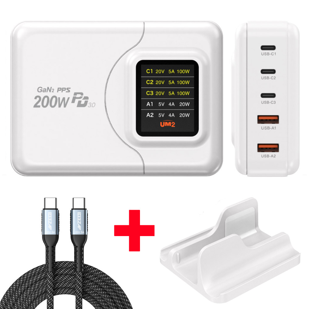 유엠투 전력표시 디스플레이 200W GAN PD 접지 멀티 고속 충전기 + 전용거치대 세트 + 케이블 세트 109,000원