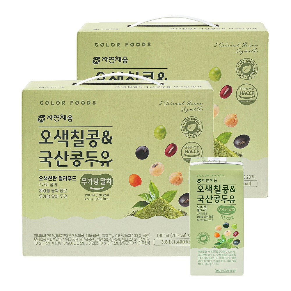 자연채움 오색칠콩 국산콩두유 무가당 말차 190ml, 40개, 190ml 25,900원