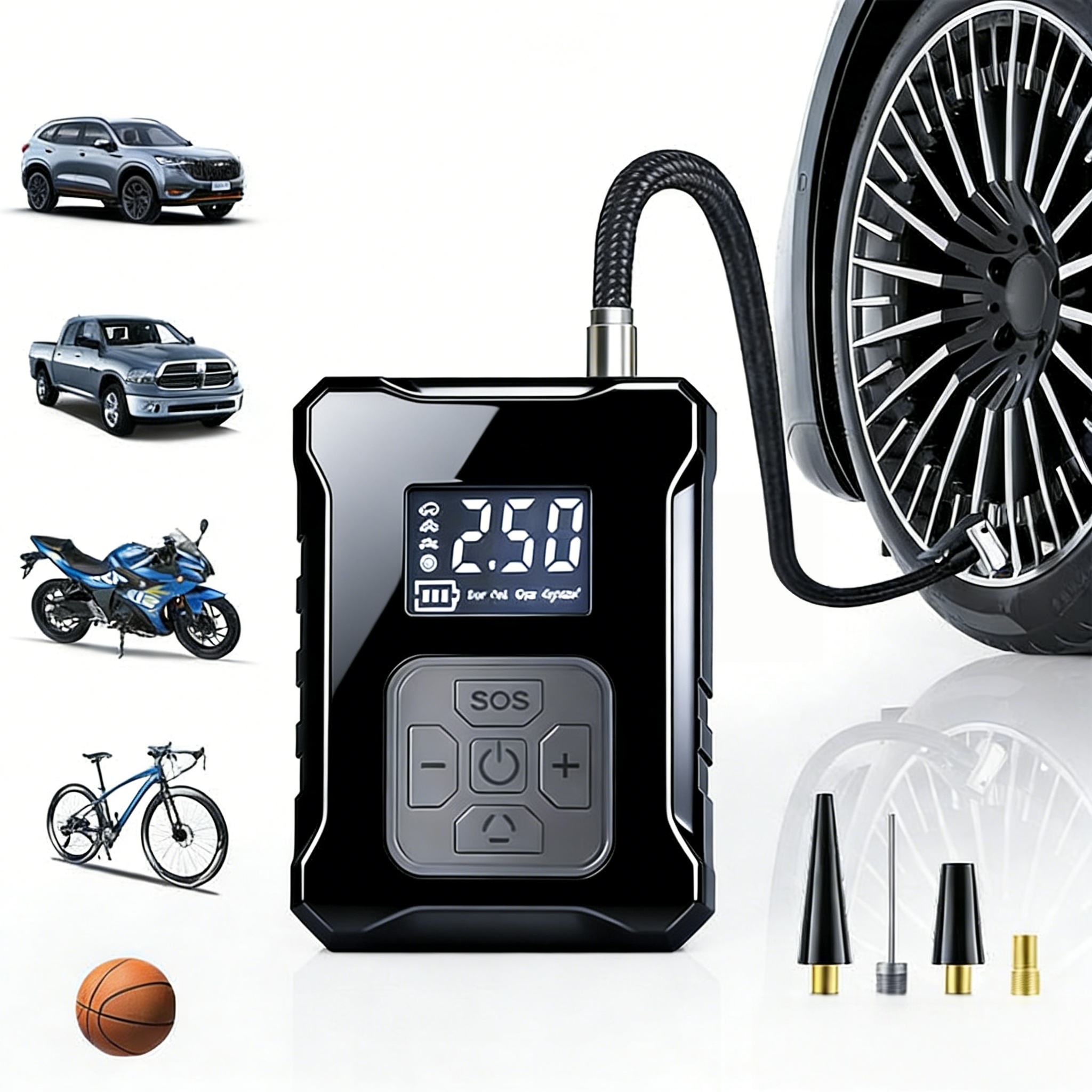 PYHO 휴대용 무선 전동 공기 주입기 다용도 자동차 오토바이 자전거 타이어 공기펌프 노즐 포함, 블랙, 1개 18,800원