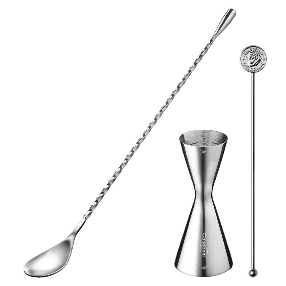까사베니 홈텐딩 칵테일 하이볼 올스텐 계량지거 30ml / 60ml + 바스푼 30cm + 머들러 실버 원형 세트 25,870원