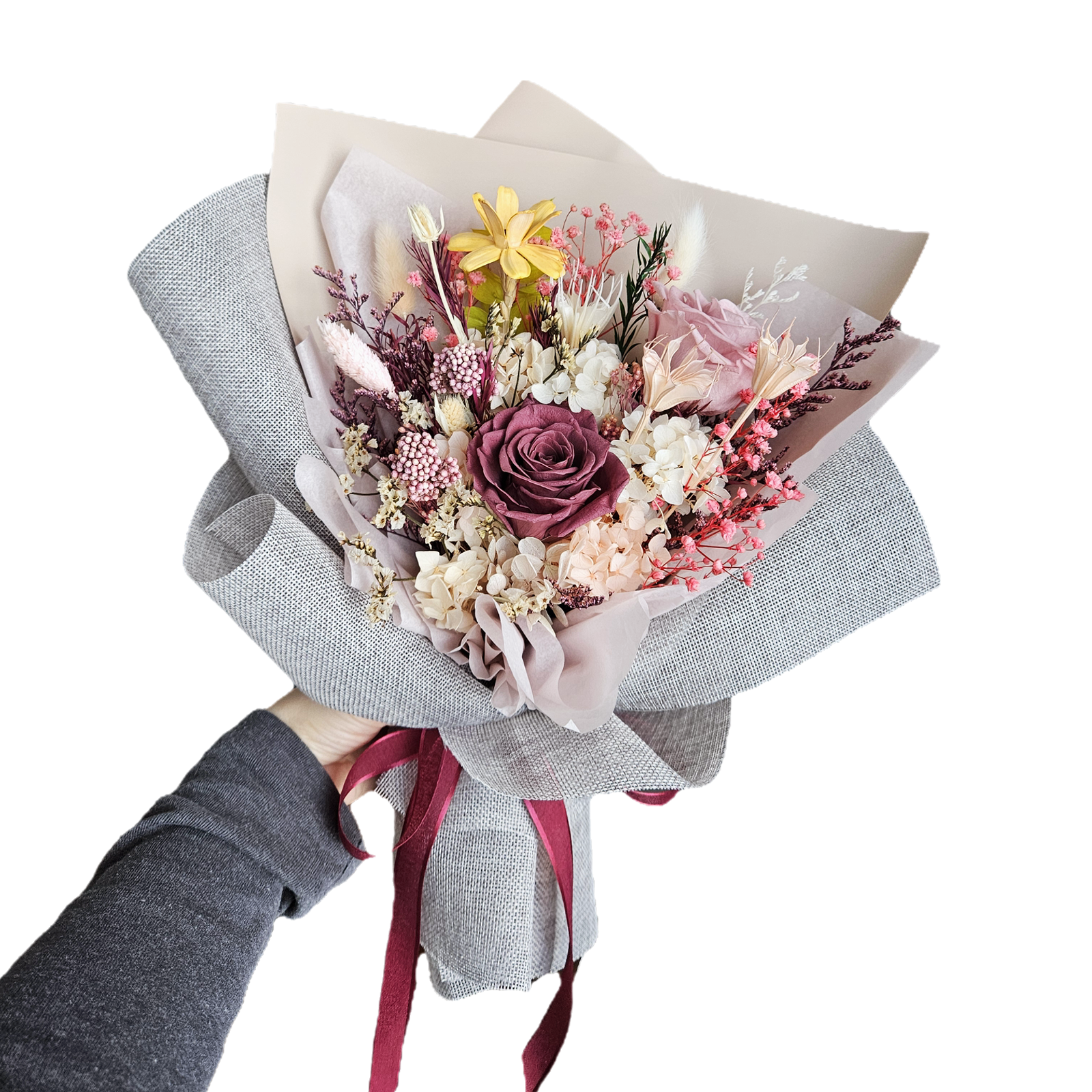 사랑스런 장미꽃다발 (중) 시들지않는꽃 프리저브드장미 우든로즈 포함 3송이 졸업 축하 꽃다발 58,000원