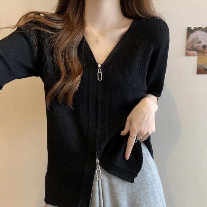 선빛 여성용 루모라 골지 브이넥 반팔 무지 니트 집업 17,800원