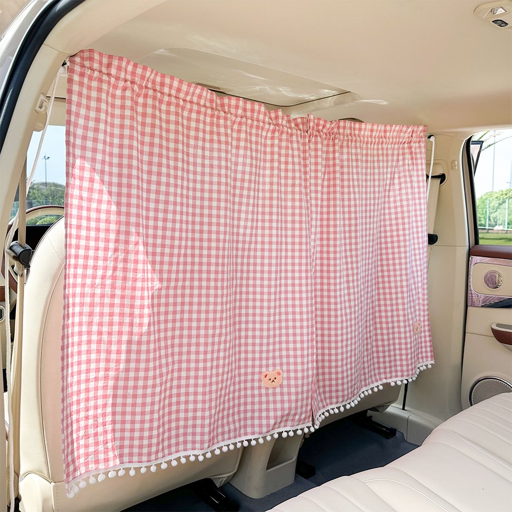 [더알파/차박커튼] 차량용 햇빛가리개 대형(2p)+커튼밴드 / 전차종+트렁크 설치가능 / 곰돌이 체크무늬, 핑크, 1개 19,900원