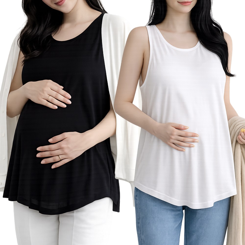(1+1) 임산부 빅사이즈 나시 A라인 민소매 신축성 좋은 스판 임부복 민소매 사계절 이너 부드러운 플레어 군살커버 2장세트 21,900원