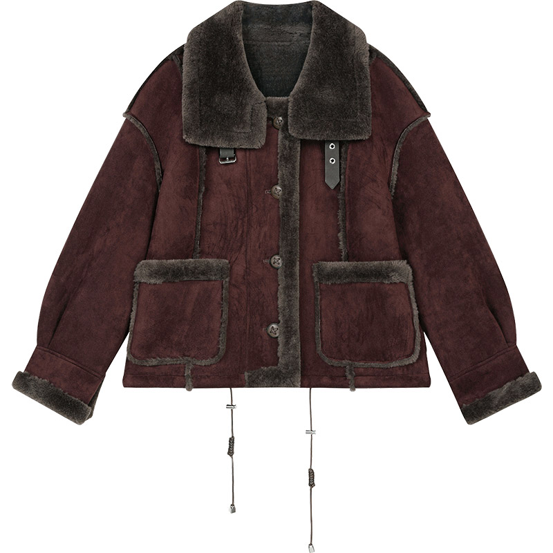 ELFSACK 여성 무화과 레드 숏 기장 플러시 패치워크 코트 루즈핏 디자인 루즈핏 모직 코트 가을 겨울 보온 코트 핏이 여유 있습니다 175,680원