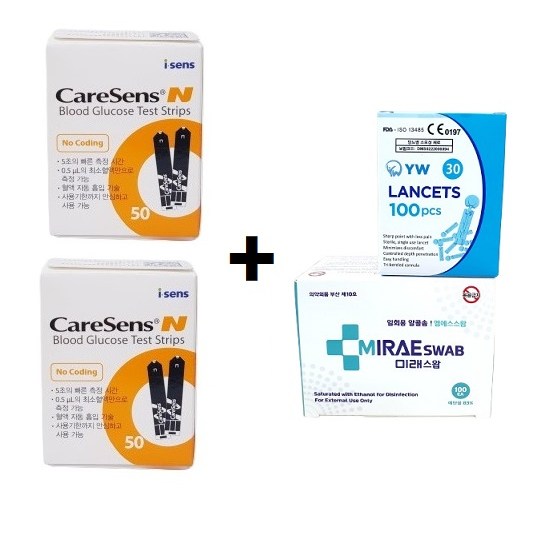 와이엘 케어센스N 시험지 100매+알콜솜 100매+채혈침 100개 (혈당 측정 검사지 당뇨 스트립 strip 아이센스 Caresense 프리미어) 25,960원