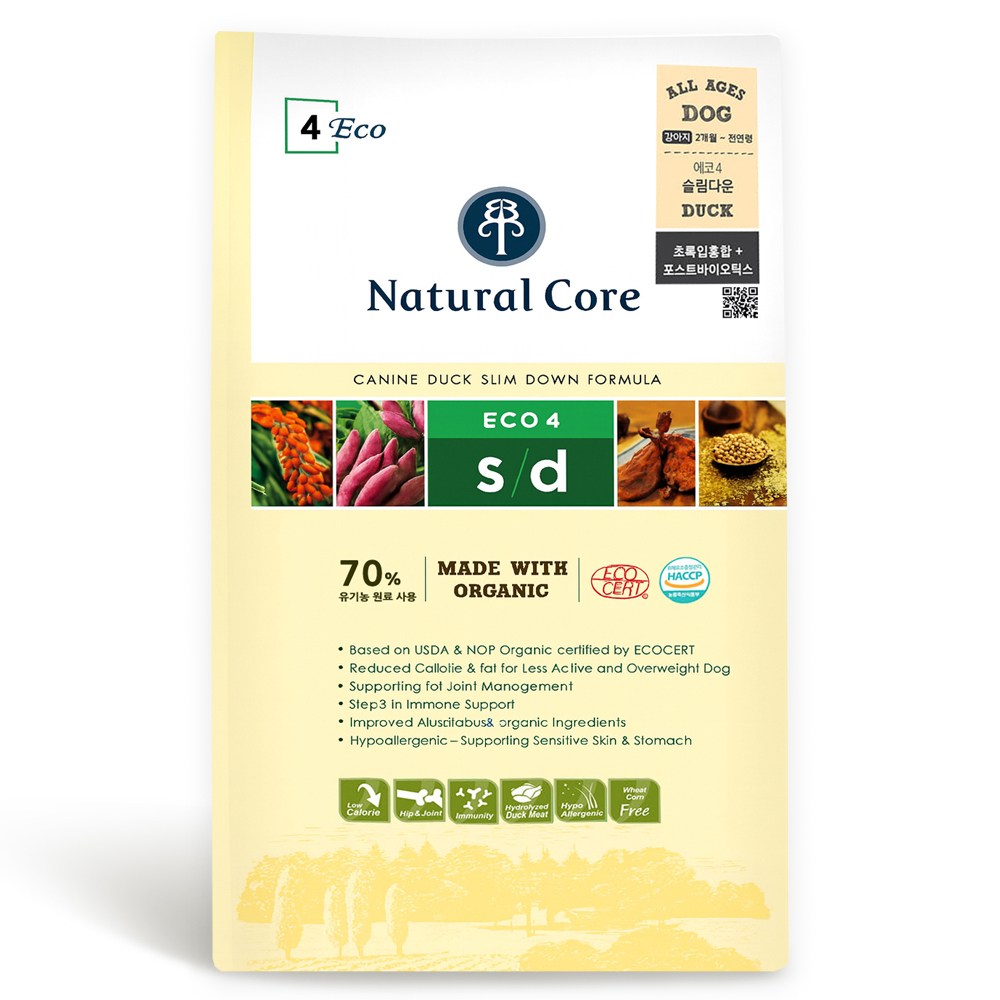 네츄럴코어 전연령 에코4 유기농 70% 슬림다운 강아지사료 오리, 다이어트+관절+중성화, 1kg, 2개 29,000원