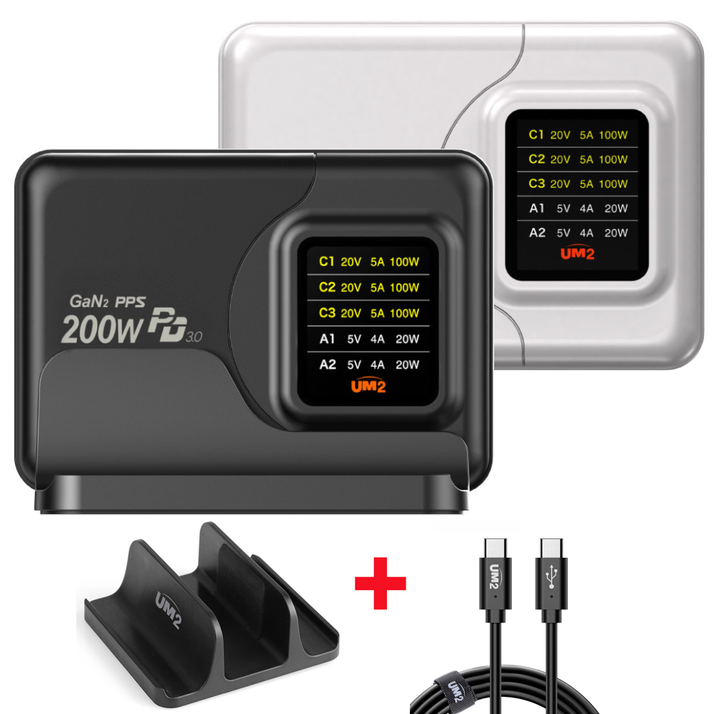 유엠투 전력표시 디스플레이 200W GAN2 PD 접지 멀티 고속 충전기 + 전용거치대 세트 109,000원