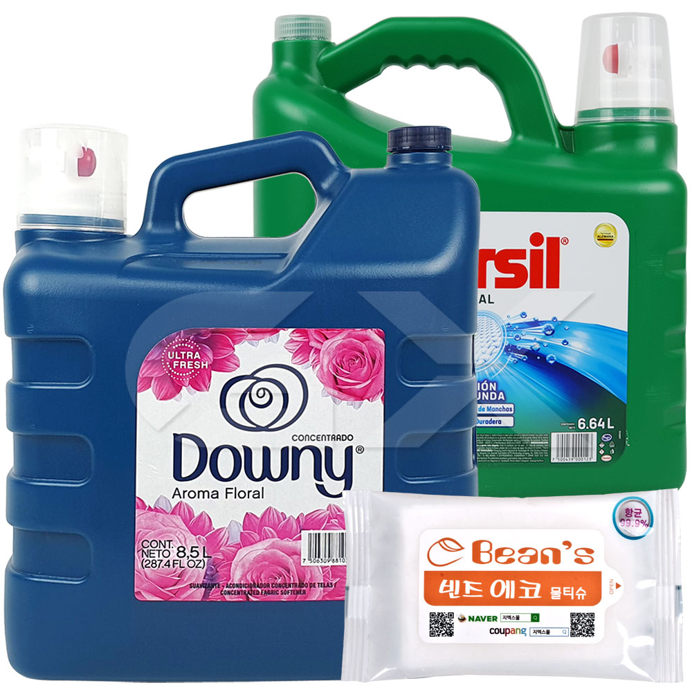 다우니 대용량 아로마플로럴 8.5L + 퍼실 유니버셜 액체세제 드럼 일반 겸용 6.64L + 빈즈물티슈10매 59,900원