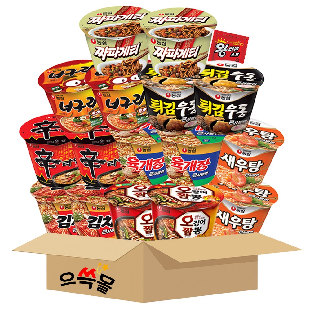 농심 컵라면 큰컵 세트 김치 너구리 새우탕 신라면 오징어짬뽕 육개장 짜파게티 튀김우동 탕비실 간편식, 1박스 28,900원