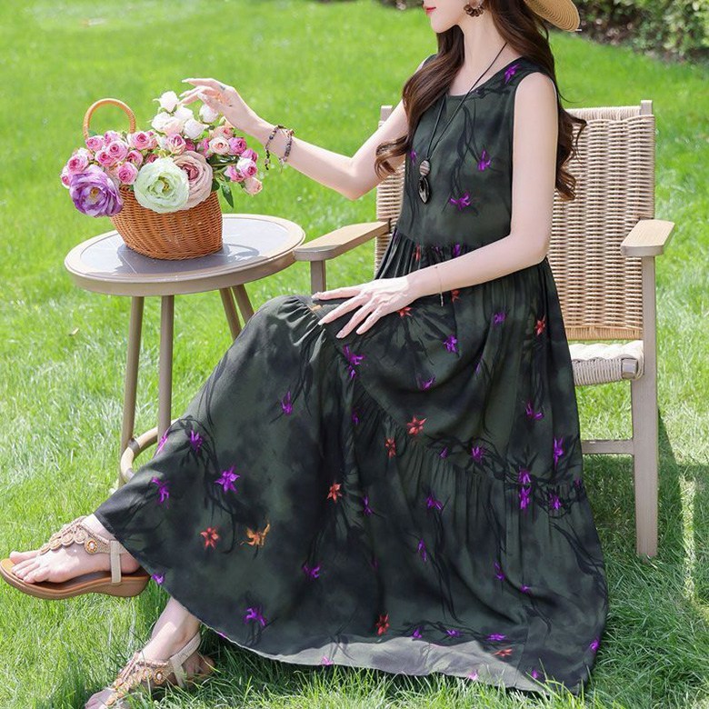 swygsqql 여름 중년여성 예쁜 플라워 원피스 프리미엄 엄마 롱 원피스 기질 나시 비치 스커트 21,500원