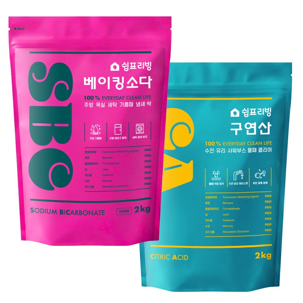 쉼표리빙 베이킹소다 구연산 2kg+2kg 총4kg 세제 세트 주방 욕실 물때 세척, 1개 16,000원