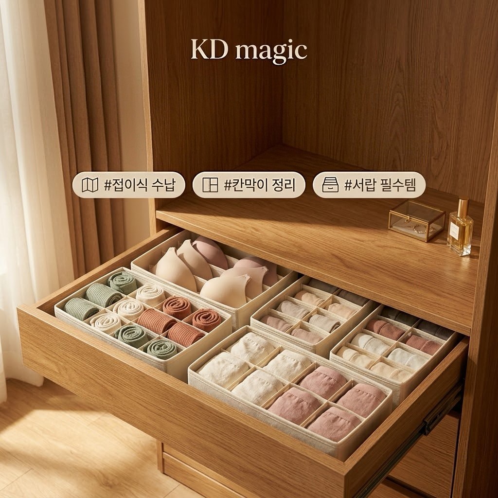 KD magic 접이식 속옷 양말 정리함 4종 세트, 서랍 가이드 수납함, 베이지 15,500원