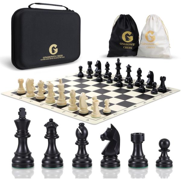 체스 세트 - 20인치 실리콘 체스판 3.86인치 킹 높이의 무게추 조각과 2개의 여왕 추가 접이식 휴대용 여행용 토너먼트 체스판과 보관 가방 80,900원