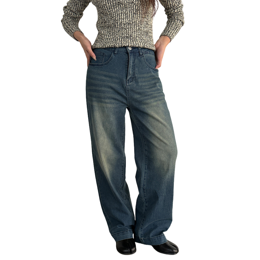 에미올 빈티지 워싱 스판 미드웨이스트 와이드 레그 데님팬츠 EPJN001 61,900원