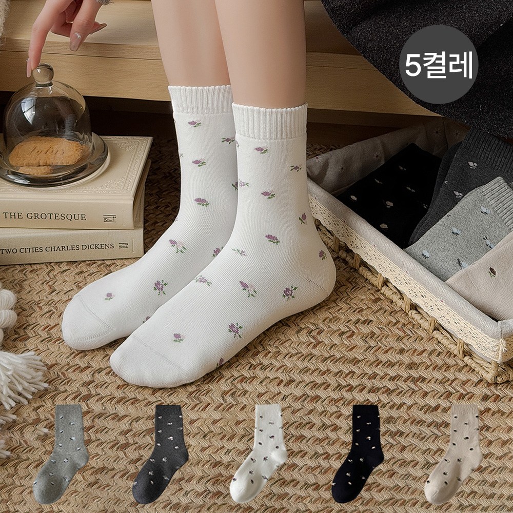 MJLP 여성 잔꽃 자수 봄여름  양말 중목 양말 장목 양말 중목 양말 흰양말 운동 면 양말 5족 세트 10,990원