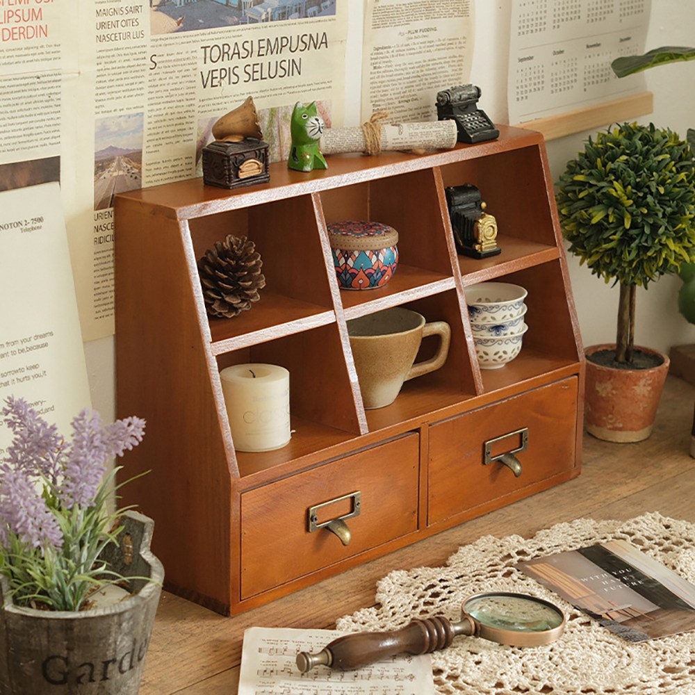 감성 원목 3층 서랍형 와이드 수납장 데스크테리어 홈카페 컵 정리대 칸막이 책상 미니 선반, 2개, 원목 29,990원