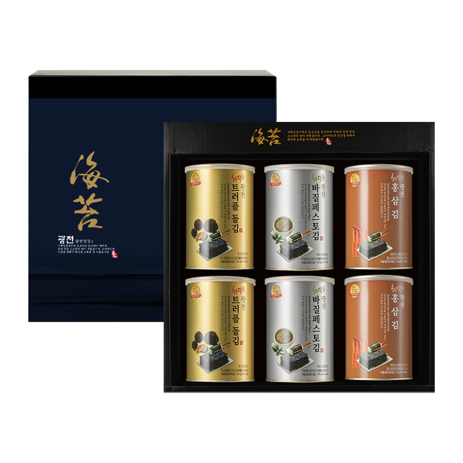 명품 해달음 광천 트러플 아보카도유 홍삼 재래김 도시락캔김 고급 답례품 쇼핑백포함 6캔 선물세트, 1세트 39,800원