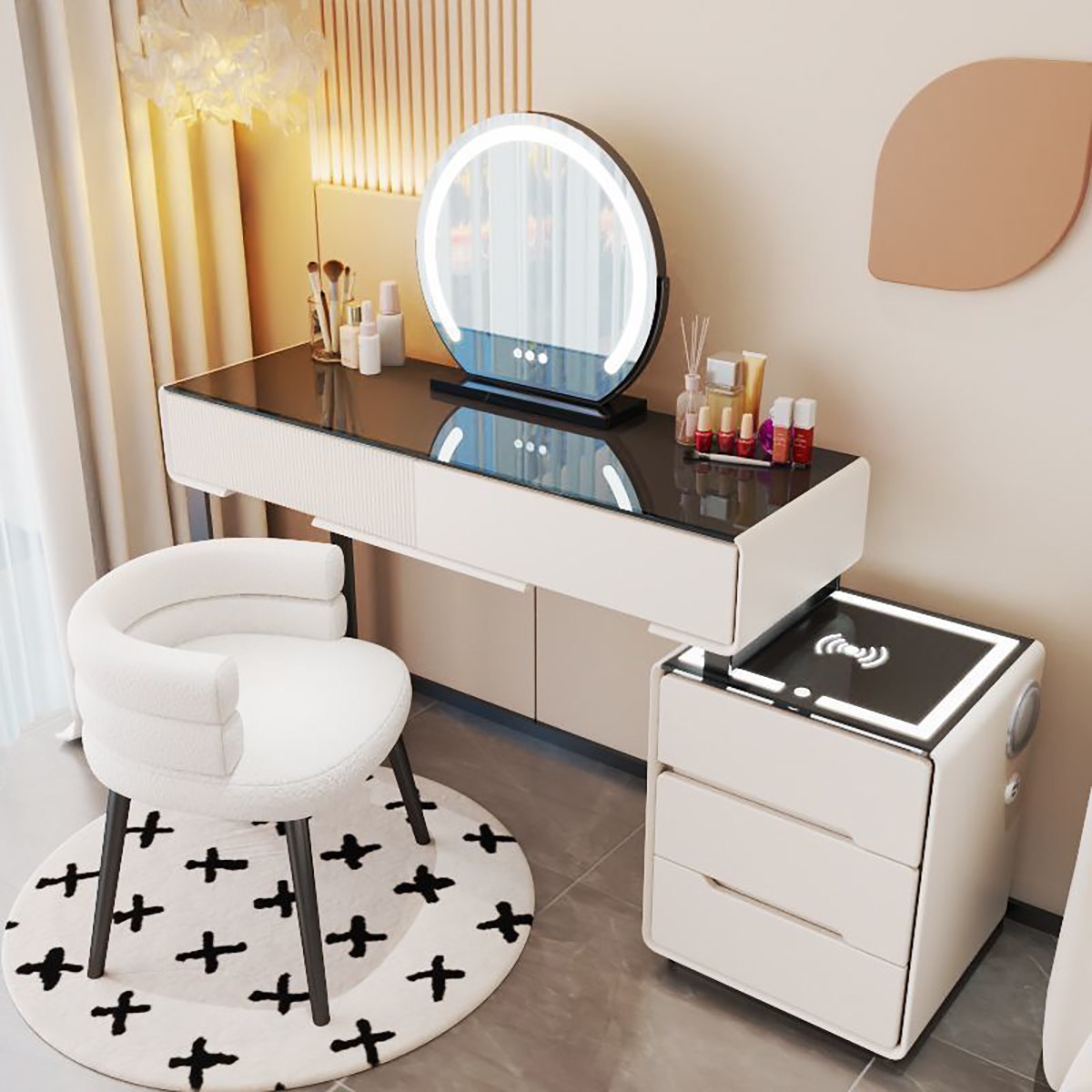 세련된 LED 조명 화장대 세트 - 넉넉한 수납 서랍장 포함 콘솔형 디자인 412,800원