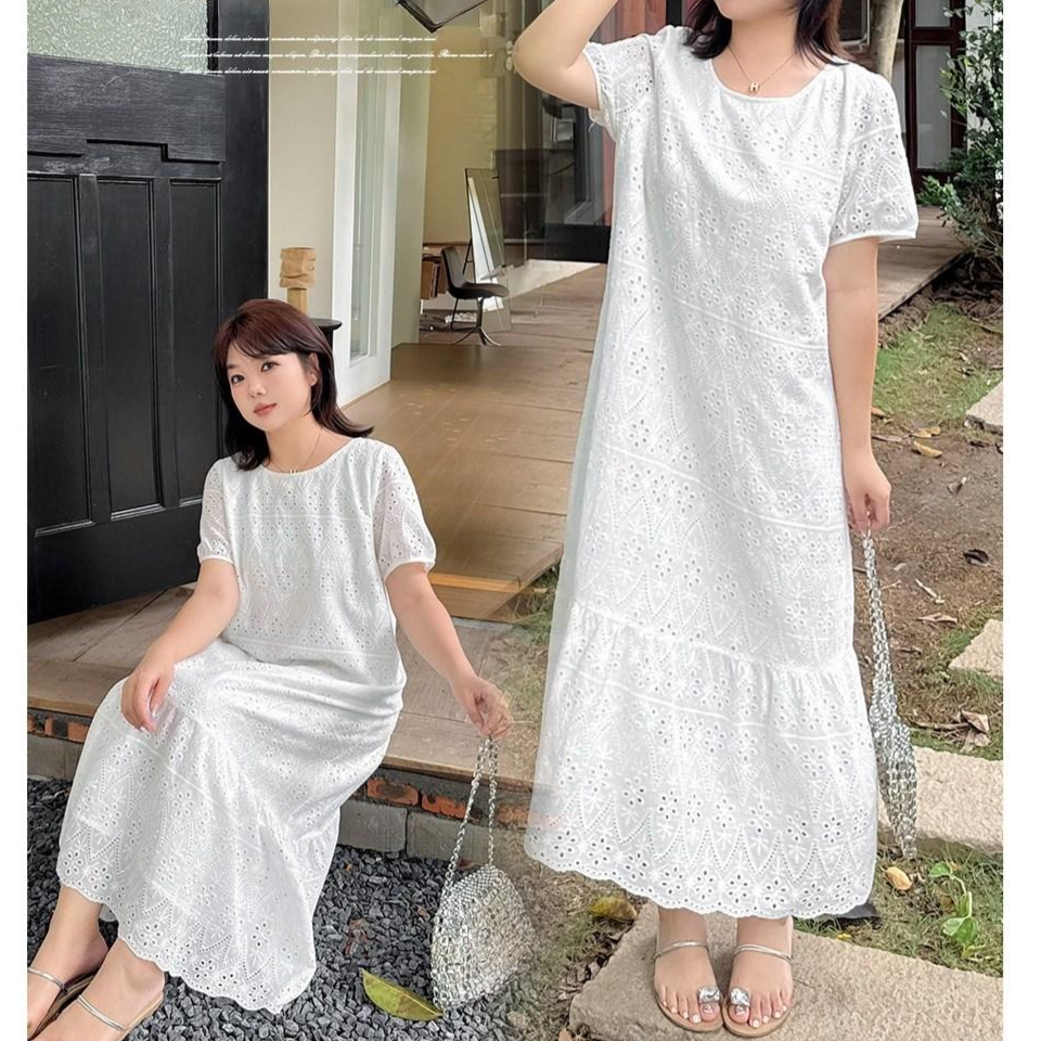 마샹스 [빅사이즈/120kg가능] 펀칭 레이스 바캉스 롱 원피스 여름 루즈핏 반팔 데일리룩 43,200원