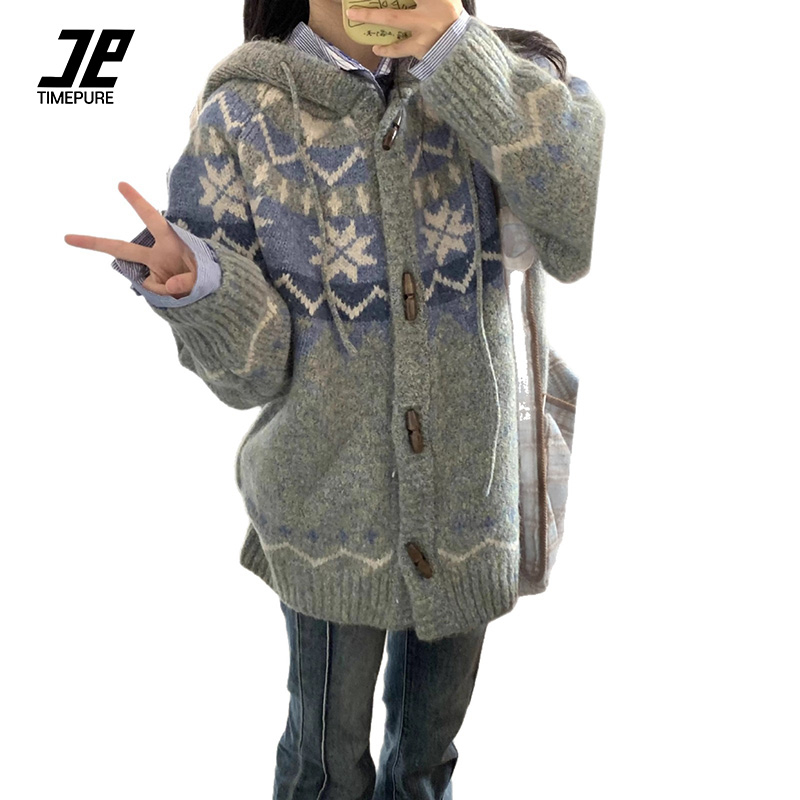 TIMEPURE 봄가을 여성 빈티지 무드 니트 가디건 루즈핏 후드 데일리 아우터 38,000원