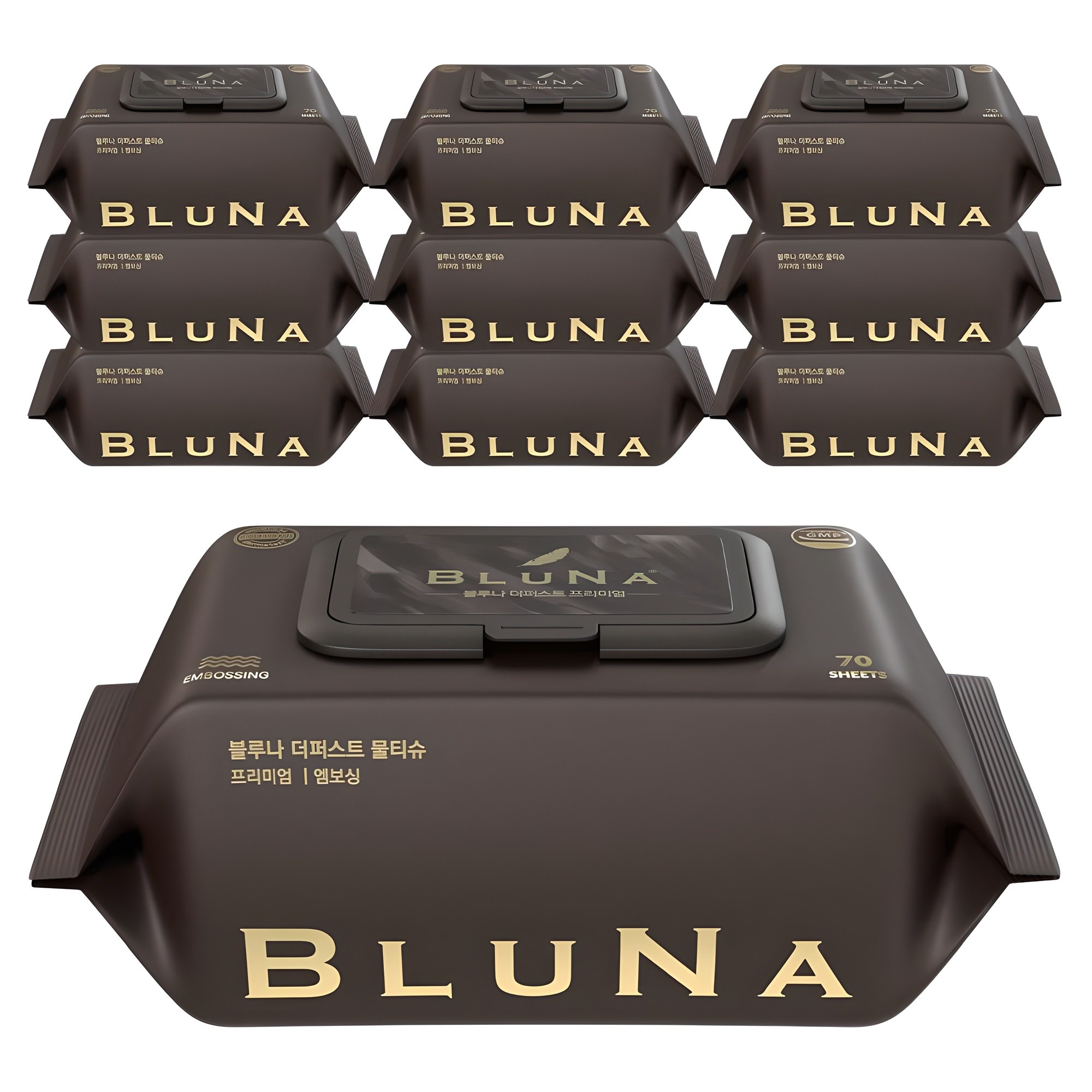 블루나 더퍼스트 프리미엄 엠보싱 물티슈 캡형, 75g, 70매, 10세트 12,900원