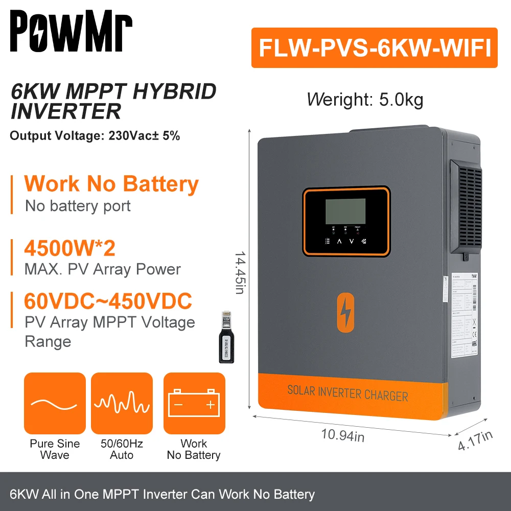 PowMr 6KW 하이브리드 태양광 인버터 순수 정현파 220V 출력 듀얼 PV WIFI 지원 배터리 없이 최대 500VDC 317,700원