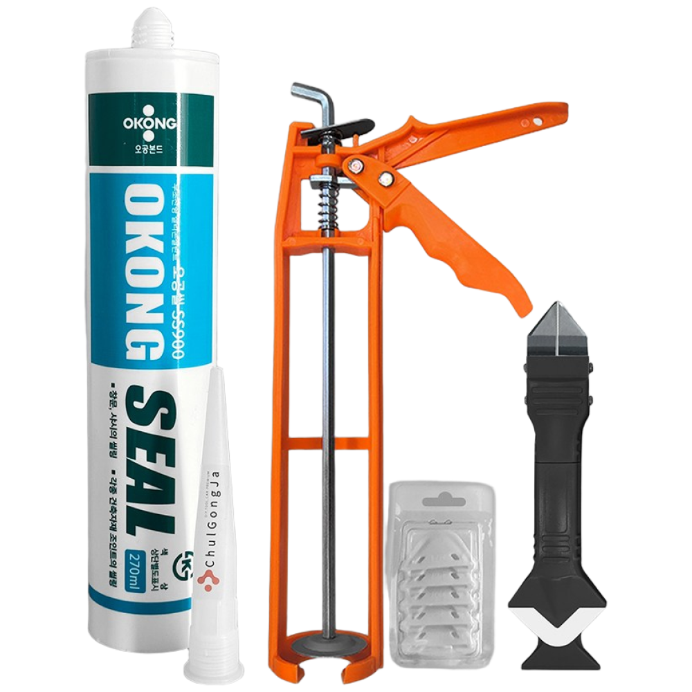 철공자 오공 무초산 실리콘 세트 무초산실리콘 + 실리콘건 + 마감헤라 + 스크래퍼 방수 창틀 걸레받이 샷시 창문 접착 샤시 창호 색상 셀프, 1세트 12,500원