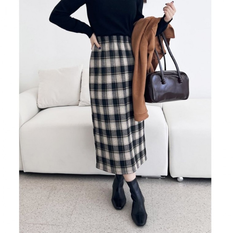뒤트임 여성 기모 롱스커트 H라인 겨울 체크 치마 24,800원