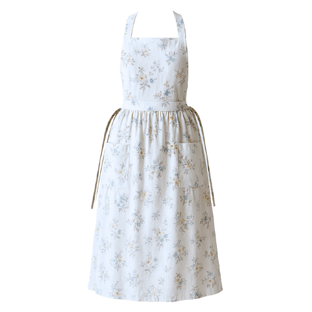 마다꾸미 방수 린넨 트임 원피스 꽃무늬 앞치마, 화이트 18,000원