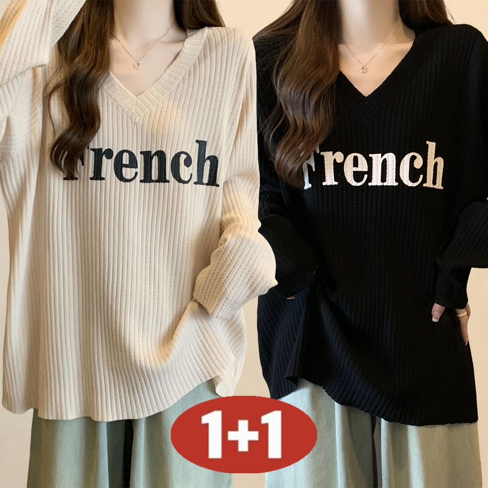 오스틱니 100kg까지 빅사이즈 1+1 2026 신상 여성 봄가을 V넥 심플한 레터링 날염 디자인 감각 날씬해 보이는 외출용 간절기 긴팔 티셔츠 21,880원