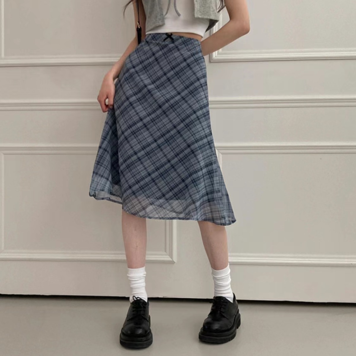 밤의여신 여성용 쉬폰 체크 미디 스커트 봄 캐주얼 밴딩 치마 30,900원