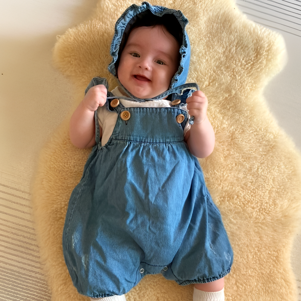 오라비 아동복 베이비 여아 프릴 데님 수트 아기옷 멜빵 돌촬영 백일촬영 모자세트 유아슈트 33,000원