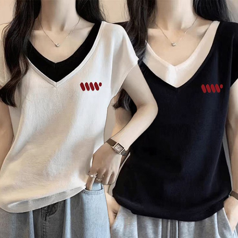 2장세트 레이어드 반팔티셔츠 데일리 날씬해보이는 브이넥 반팔티 빅사이즈 M-3XL 반팔 영문티 프린팅 여름티 18,900원